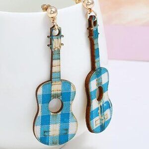 Earrings - Vintage Wood Guitar Dangle Drop Stud  - Blue White Plaid